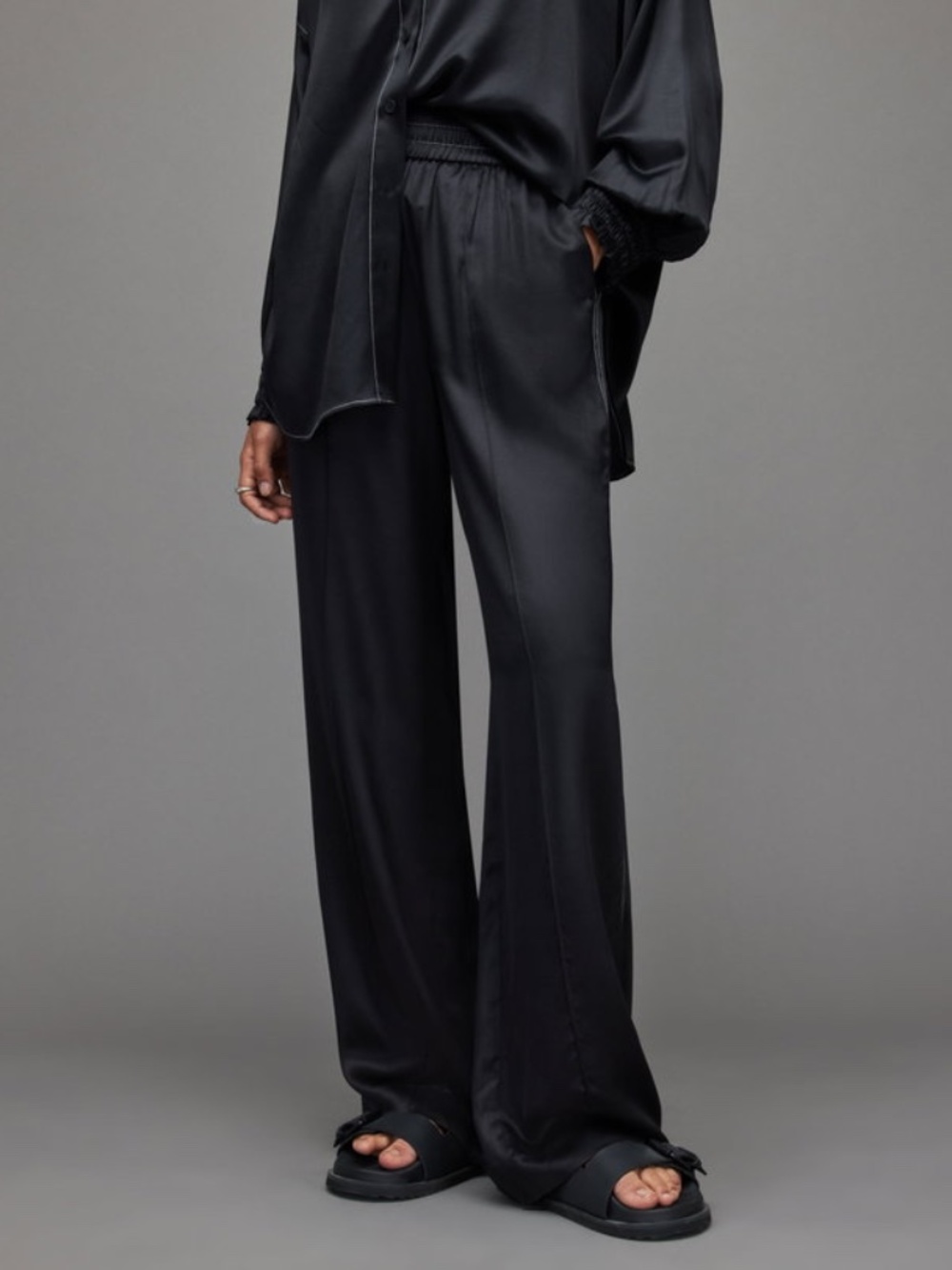 NWT AllSaints Charli Silk Blend Trousers, Black with White Stitching, US 6